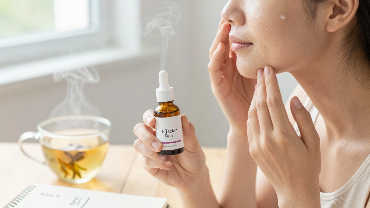 Женщина наносит средство от акне с ниацинамидом и бензоилпероксидом утром при естественном свете.