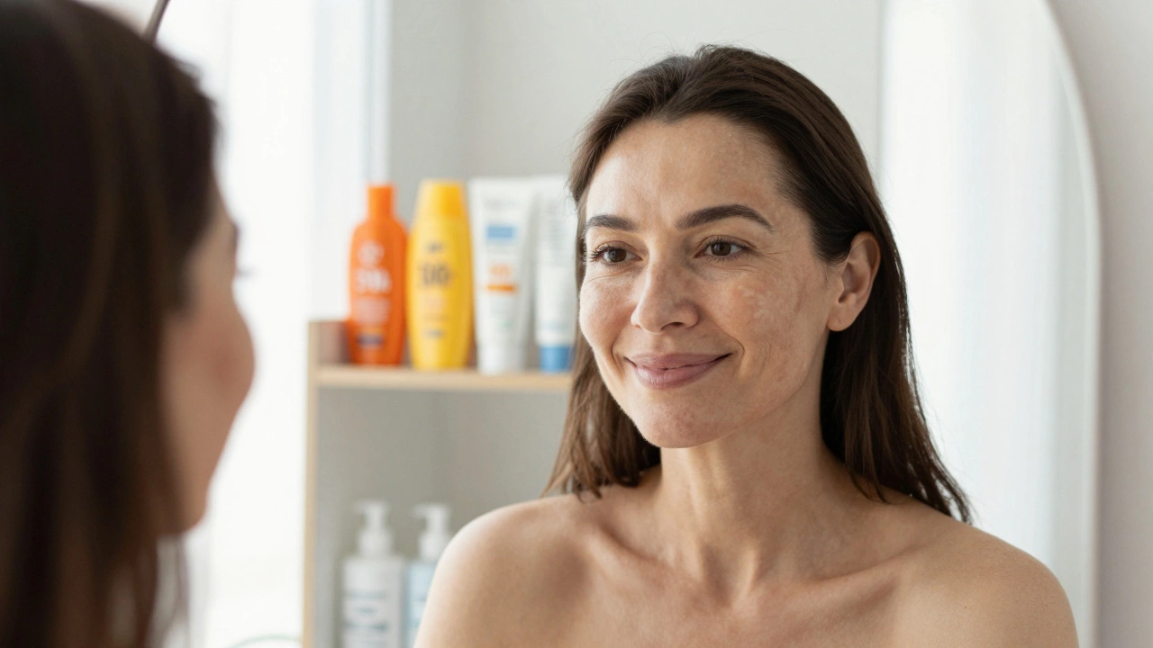 Женщина с осветлёнными пигментными пятнами на лице смотрит в зеркало после лечения.