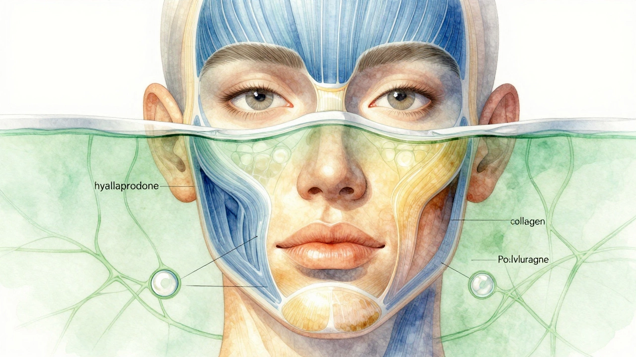 Анатомическая иллюстрация трёх типов препаратов для подтяжки лица: ботулотоксин, гиалуроновая кислота и поликапролактон.