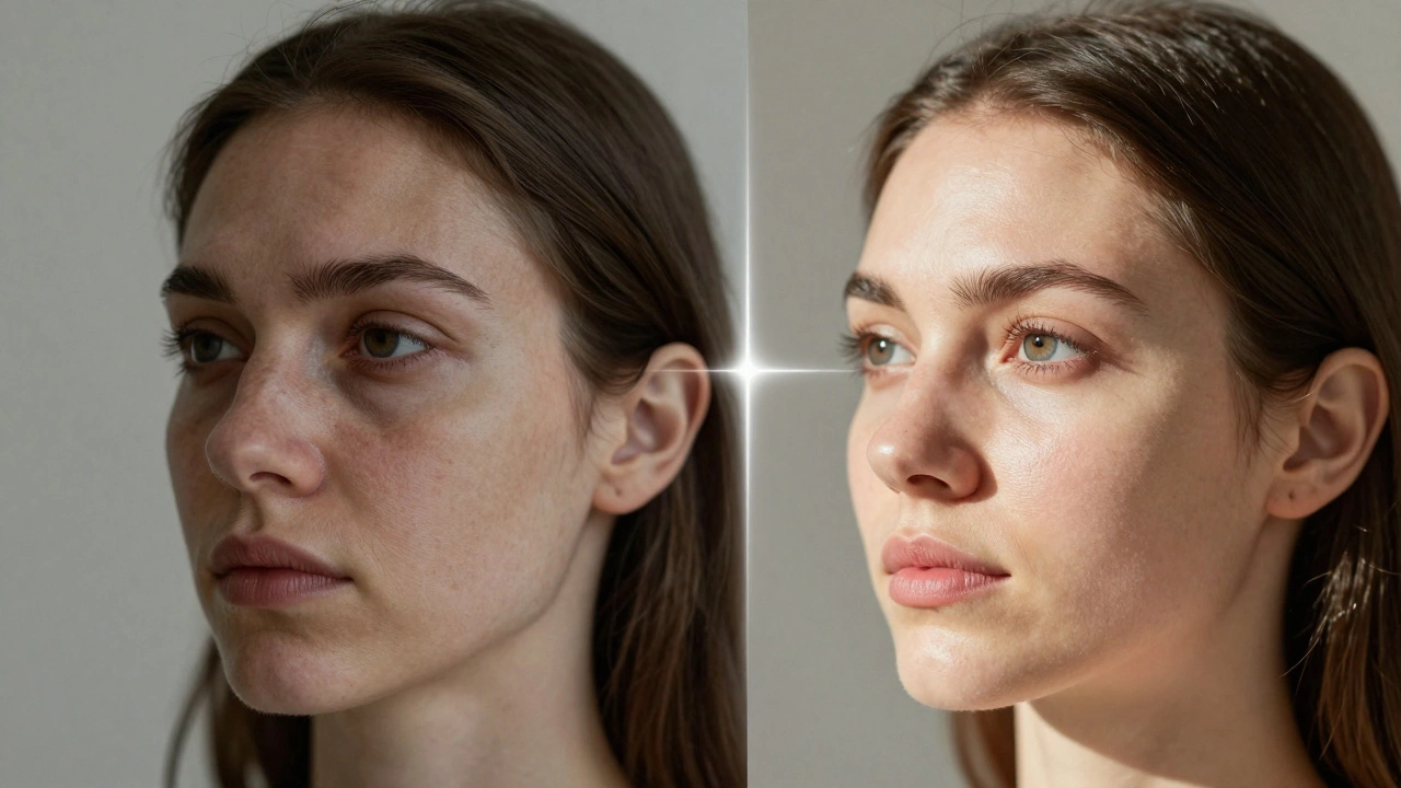 Два лица: до и после лазерного лифтинга, показывающие контраст тусклой и подтянутой кожи при естественном свете.