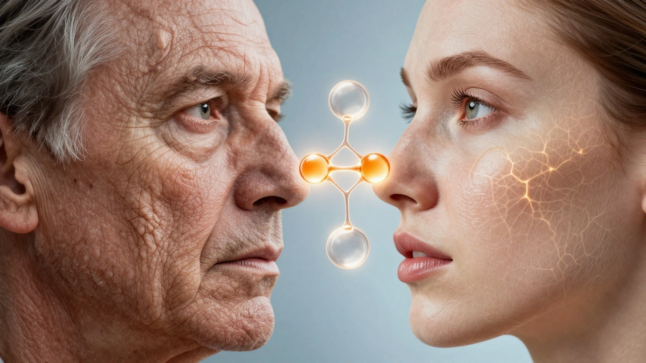 Лицо разделено: одна сторона — стареющая кожа, другая — здоровая, соединённая молекулами ухода.