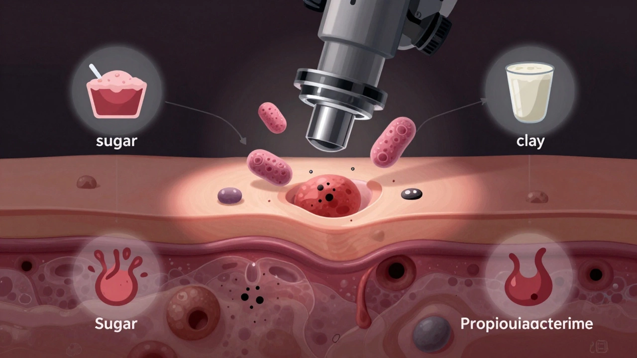 Микроскопическое изображение забитых пор и бактерий, вызывающих акне.