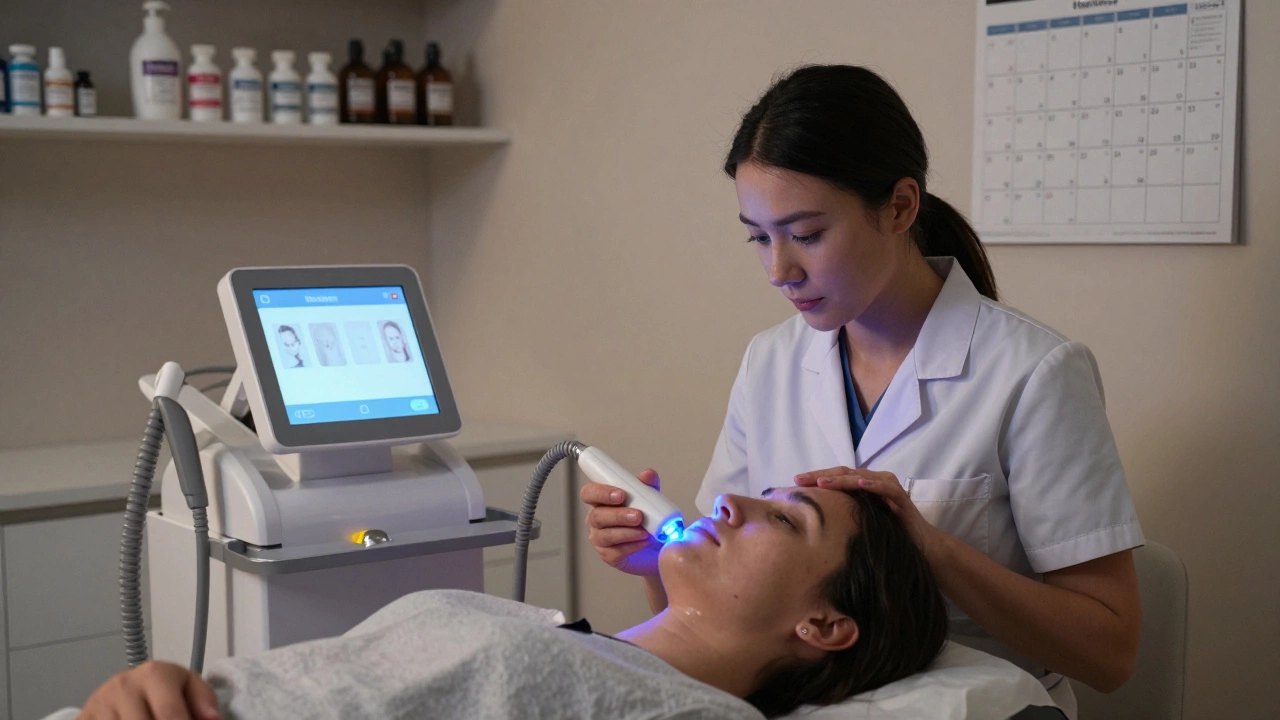 Пациентка получает радиочастотную процедуру в кабинете дерматолога, в фоне видны бутылочки с активными ингредиентами.