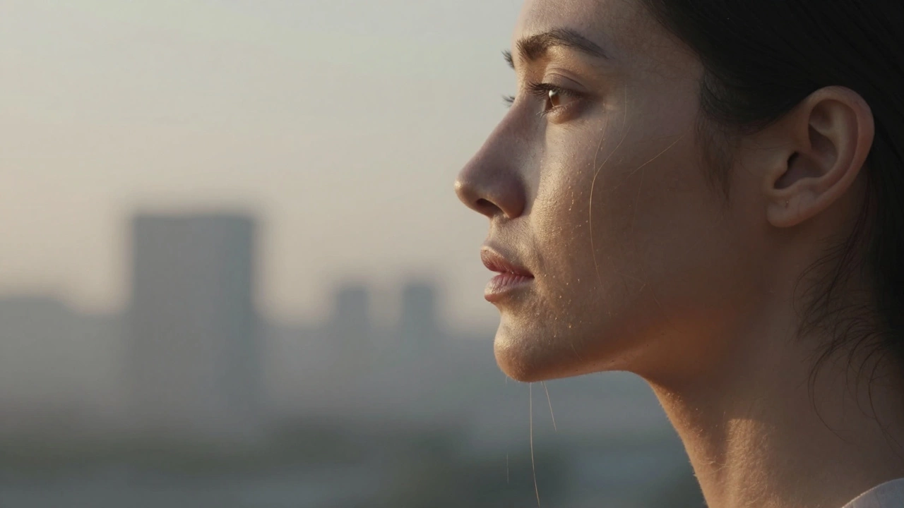 Профиль женщины с видимыми золотыми волокнами коллагена под кожей, создающими естественное подтягивание лица.