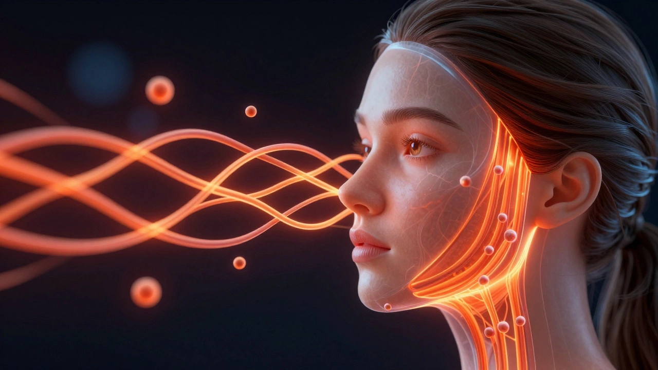 Прозрачный разрез лица с восстанавливающимися коллагеновыми волокнами под действием радиочастотного нагрева.