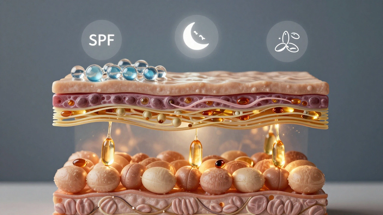 Схематичное изображение трёх слоёв кожи: вода, коллаген и активные клетки, подсвеченные золотым светом с символами сна, SPF и омега-3.