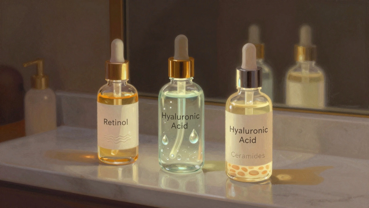 Три бутылочки с активными ингредиентами для борьбы с морщинами на вантуше в темноте.