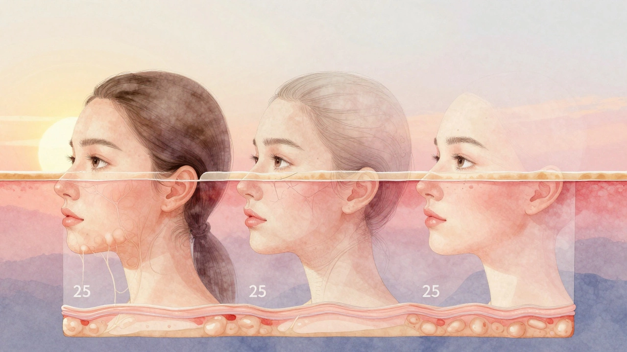 Три слоя кожи, показывающие постепенную потерю коллагена с возрастом.