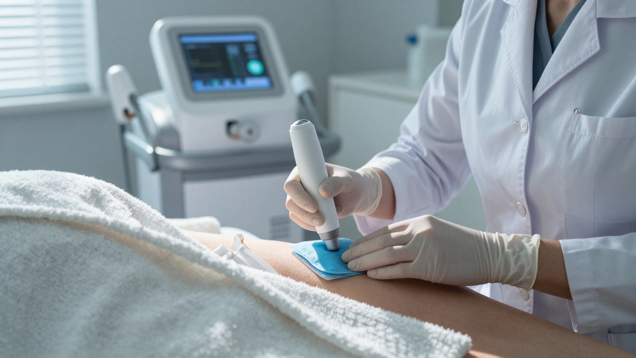 Врач накладывает холодный компресс после лазерной эпиляции, в фоне — устройство с настройками.