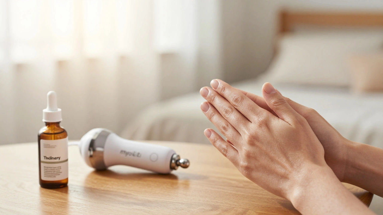 Женщина делает массаж лица пальцами утром, рядом — устройство микротоков и сыворотка с пептидами.