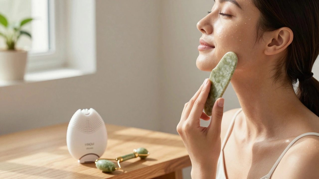 Женщина делает массаж лицо камнем Гуа Ша при утреннем свете, масло на коже блестит.