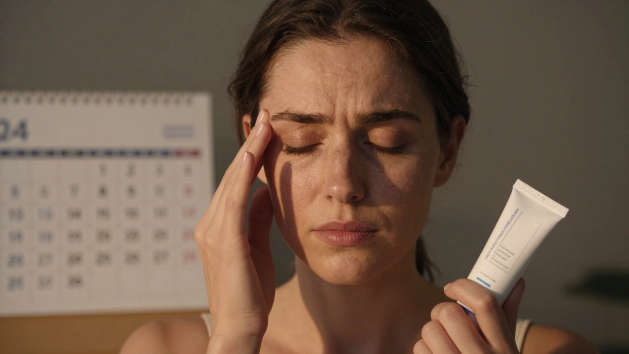 Женщина смотрит на морщину, держа в руках сыворотку с ретинолом и крем с церамидами.