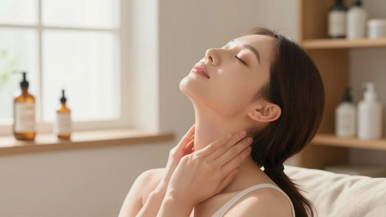 Женщина запрокинула голову, напрягая мышцы под подбородком во время упражнения.