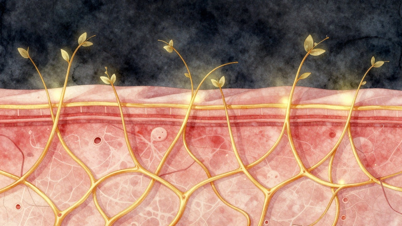 Золотые волокна коллагена, восстанавливающиеся в коже, как живые нити, символизирующие биологическое обновление.