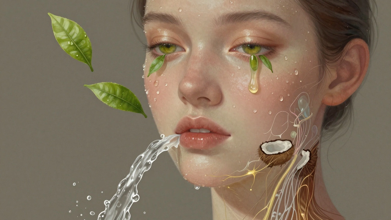 Абстрактное изображение лица, состоящего из воды, зелёного чая и кокосовой воды, укрепляющих кожу.