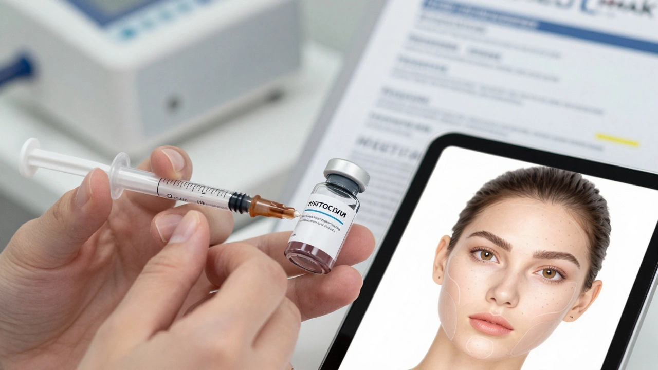 Ближний план инъекции филлера с медицинскими устройствами и цифровой диагностикой лица.