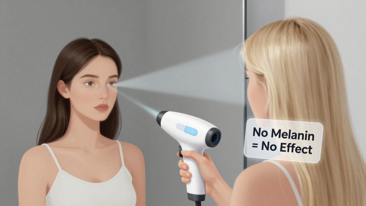 Человек со светлыми волосами и кожей, лазерный луч не воздействует на волосы.