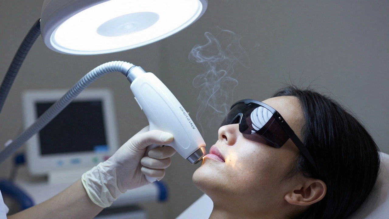 Дерматолог использует лазер Q-switched Nd:YAG для удаления пигментации на щеке пациента в клинической обстановке.