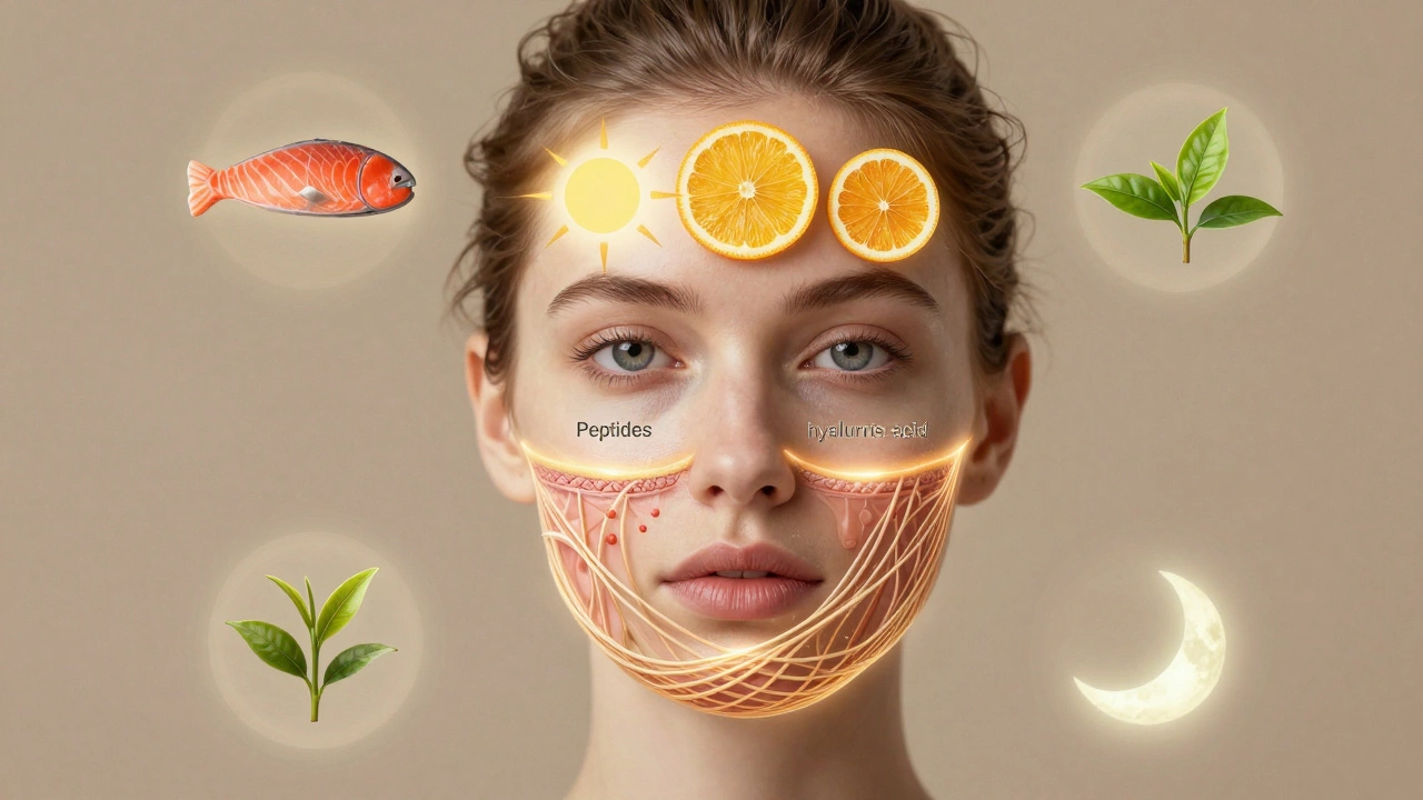 Концептуальное изображение лица с тремя слоями ухода: активные ингредиенты и восстановление коллагена.