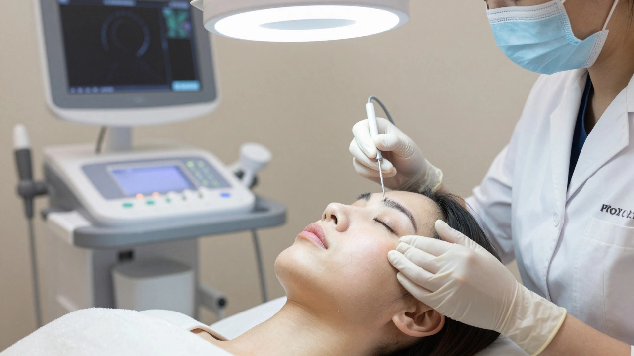 Косметолог вводит бионити под кожу челюсти, выполняя процедуру нитевого лифтинга в клинической обстановке.