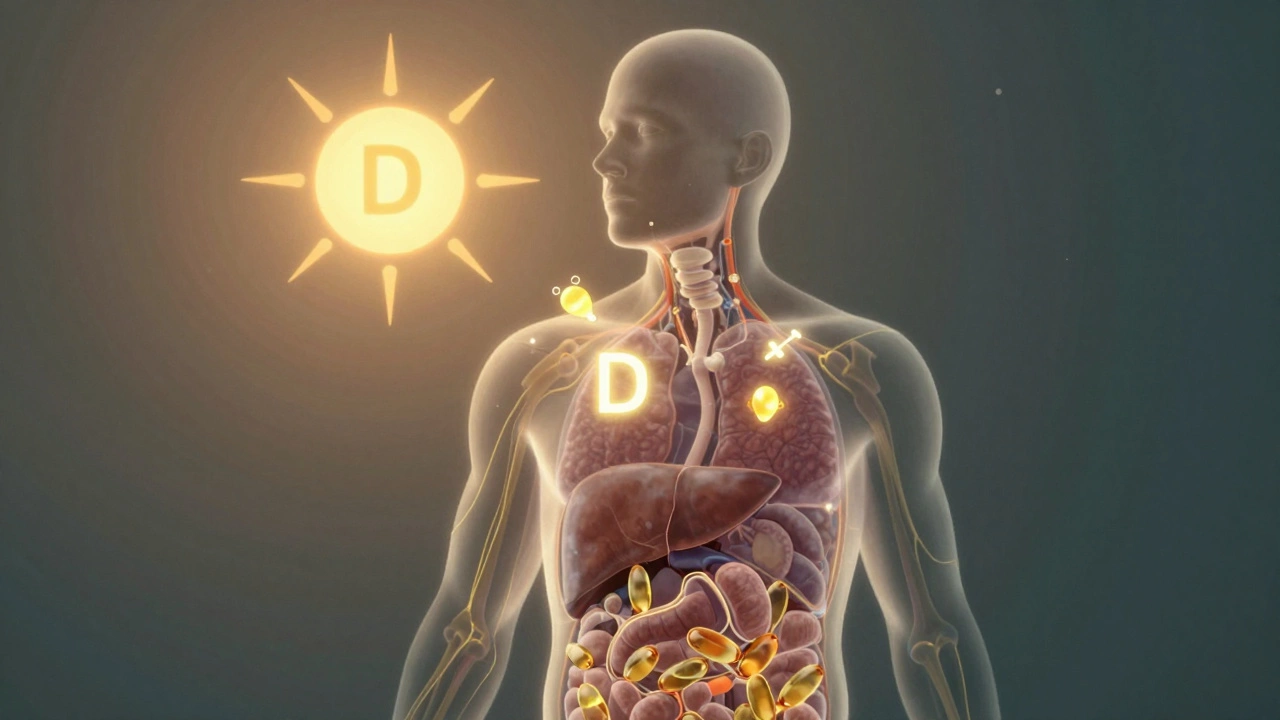 Прозрачный силуэт человека с внутренними символами витамина D, цинка и омега-3, светящимися внутри тела.