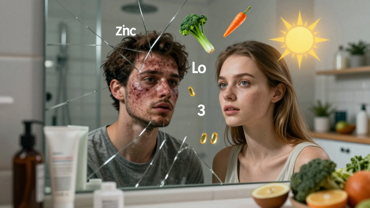 Разбитое зеркало, отражающее два лица: одно с акне, другое чистое, вокруг — символы питания и добавок.