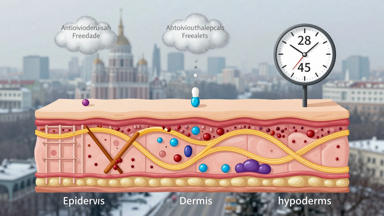 Схема трех слоев кожи с восстановлением коллагена и борьбой со свободными радикалами в условиях московского загрязнения.