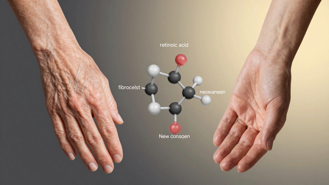Сравнение двух рук: старая и восстановленная после 6 месяцев использования ретинола, с молекулярной траекторией.