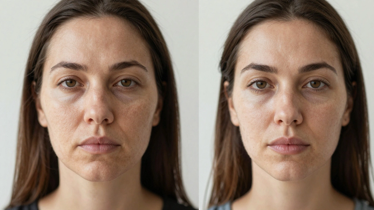 Сравнение лица до и после эстетических процедур: улучшение контуров и текстуры кожи.