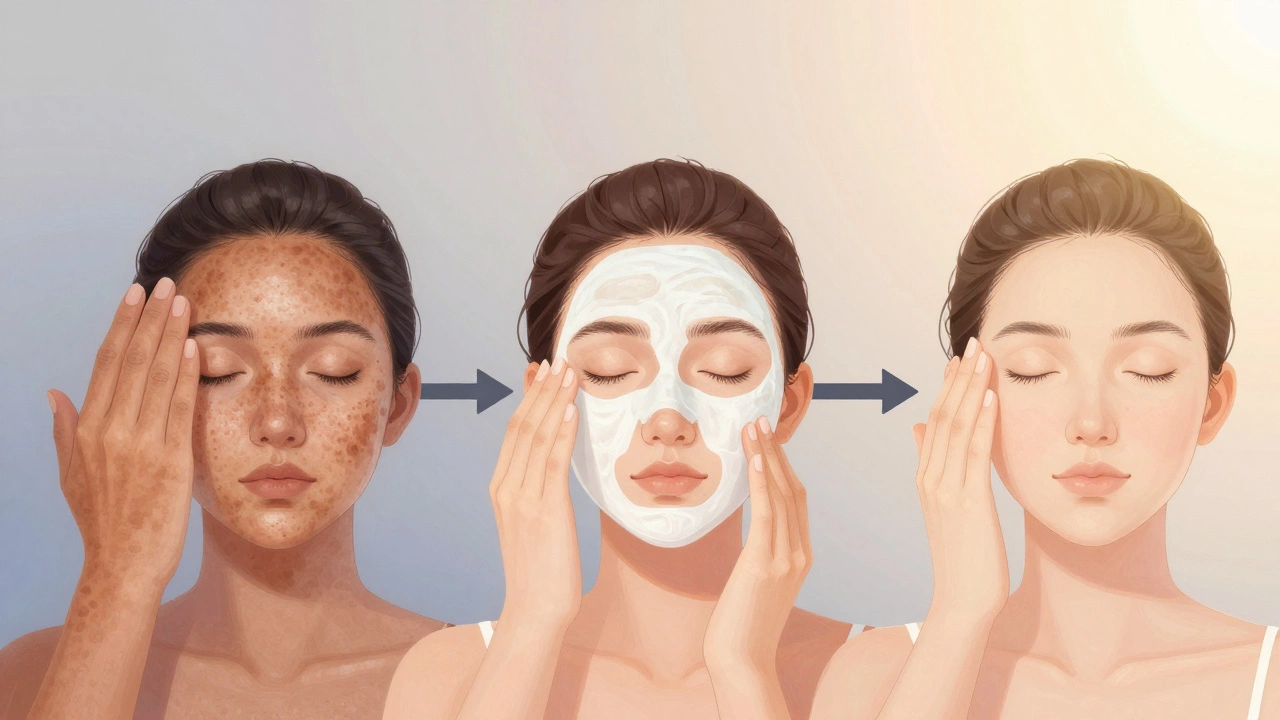 Сравнение трёх этапов лечения пигментации: до, во время и после курса ухода с использованием сывороток и SPF.