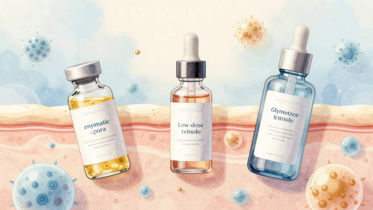 Три вида профессиональных пилингов для кожи после 50: ферментный, ретиноловый и AHA-пилинг, визуализированные как жидкости, проникающие в кожу.