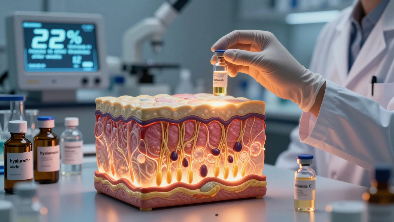 Ученый демонстрирует молекулу ретинола, на 3D-модели кожи показано утолщение дермы на 22%.