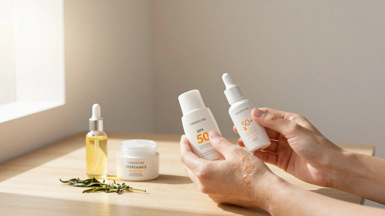 Уход за кожей после 50: ферментный пилинг, сыворотка с гиалуроновой кислотой и солнцезащитный крем на деревянной поверхности.