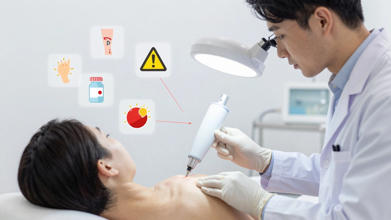 Врач-дерматолог оценивает кожу с помощью диаграмм, показывающих противопоказания к лазерной эпиляции.