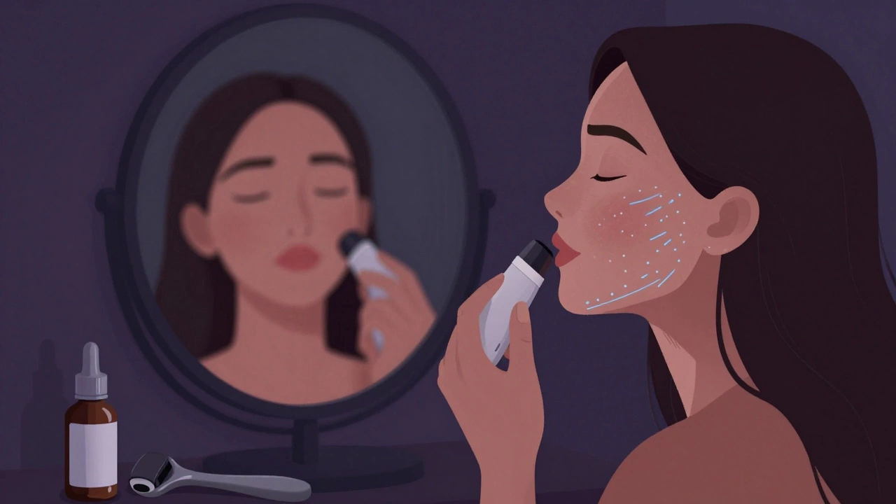 Женщина использует устройство микротоков на лице в тёмной комнате, кожа выглядит подтянутой.