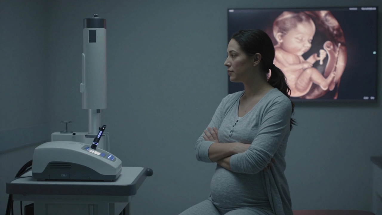 Беременная женщина отворачивается от лазерного аппарата в клинике.