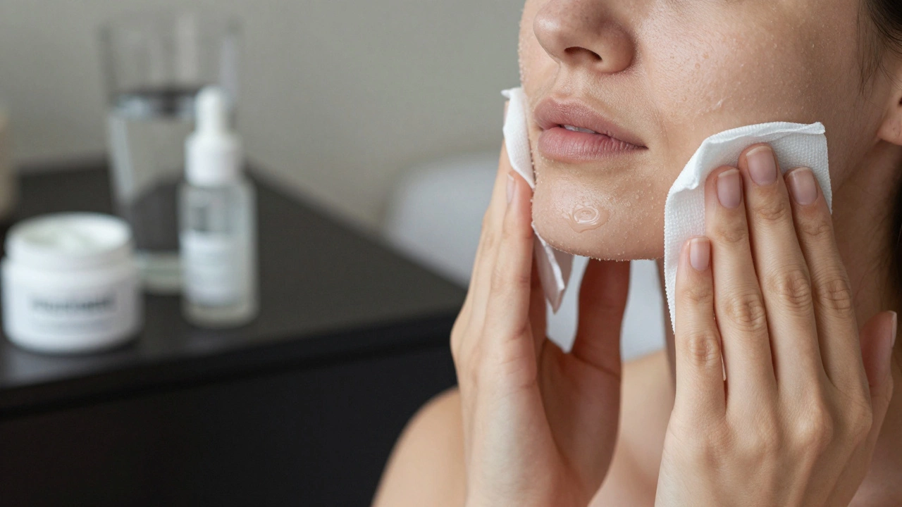 Близкий план лица с легким шелушением, покрытого прохладной салфеткой, без макияжа и активных средств.