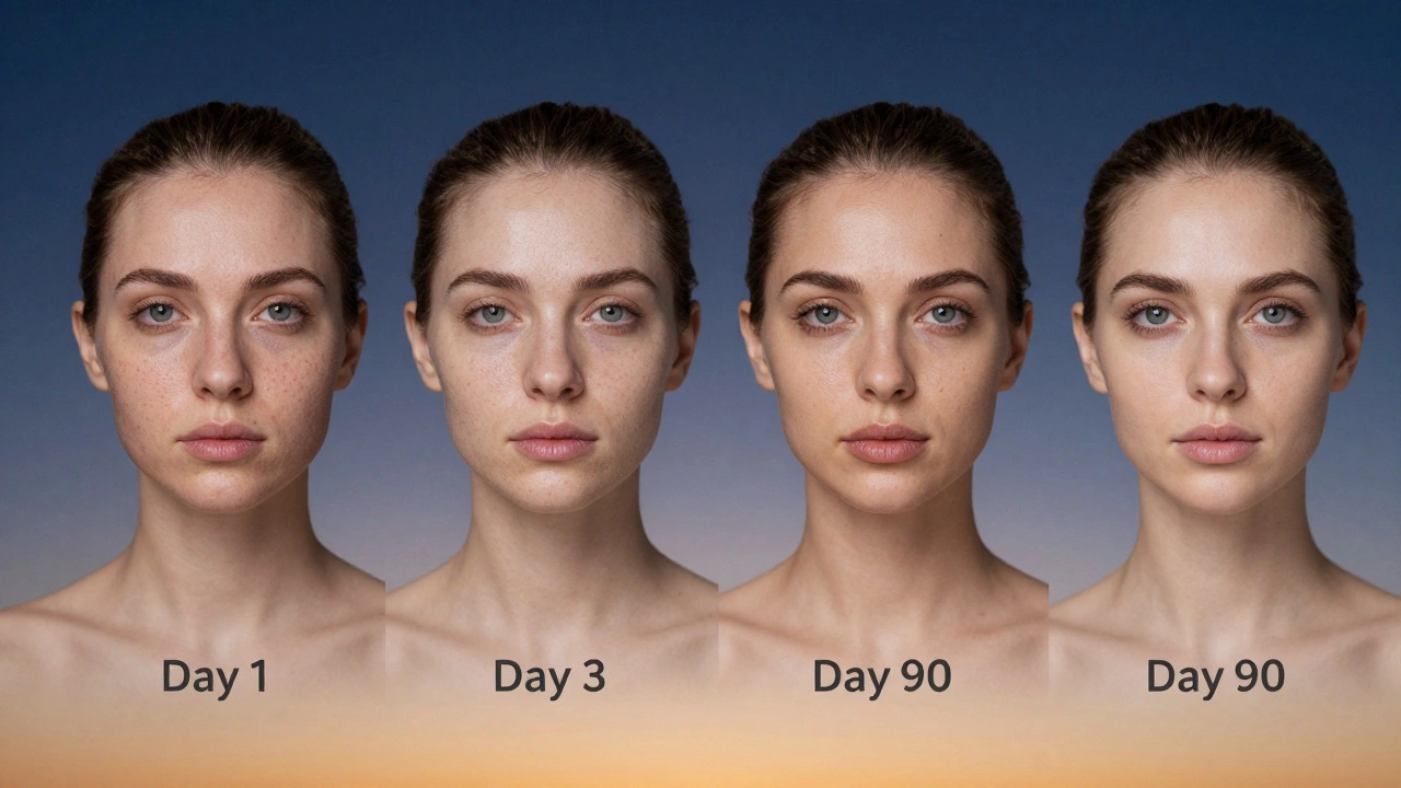 Эволюция кожи женщины за три месяца: от тусклой к сияющей, с уменьшенными порами и морщинами.
