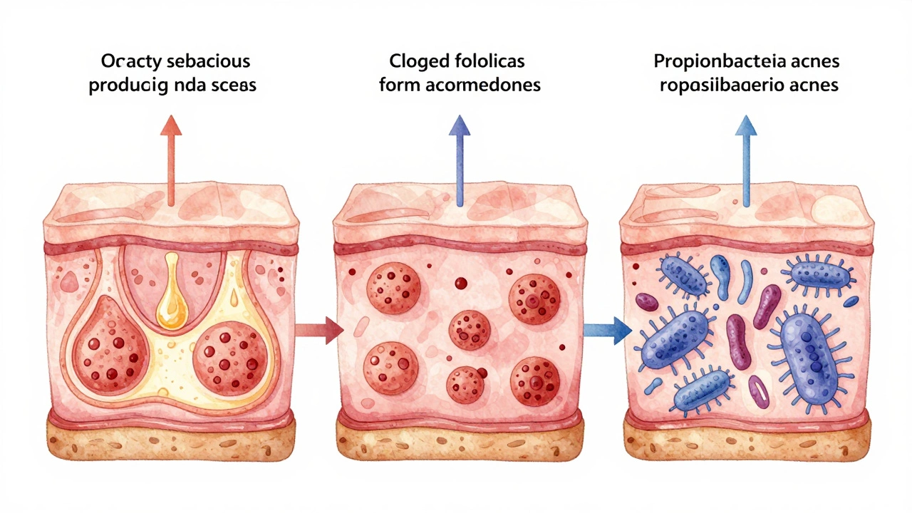 Иллюстрация трех стадий развития акне: избыток себума, забитые поры и воспаление от бактерий