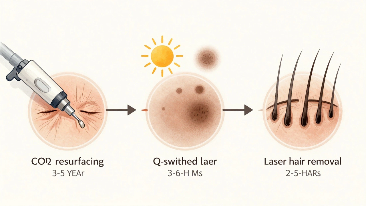 Иллюстрация трёх типов лазерных процедур с разными сроками действия эффекта: шлифовка, пигментация и эпиляция.