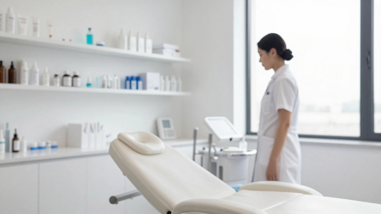 Интерьер чистой косметологической клиники с специалистом