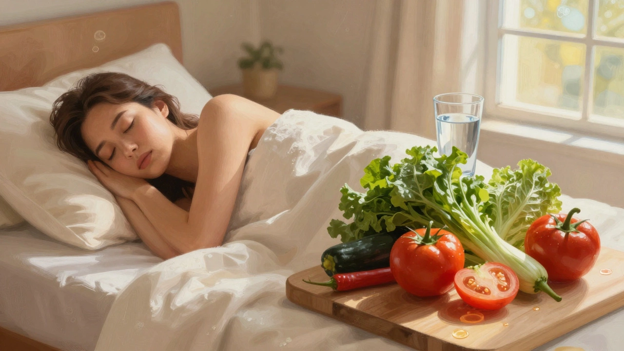 Композиция, показывающая связь между здоровым сном, питанием и сияющей кожей.