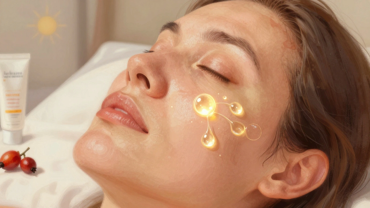 Крупный план кожи с визуализацией церамидов, пантенола и гиалуроновой кислоты, проникающих в кожу, с маслами жожоба и шиповника.