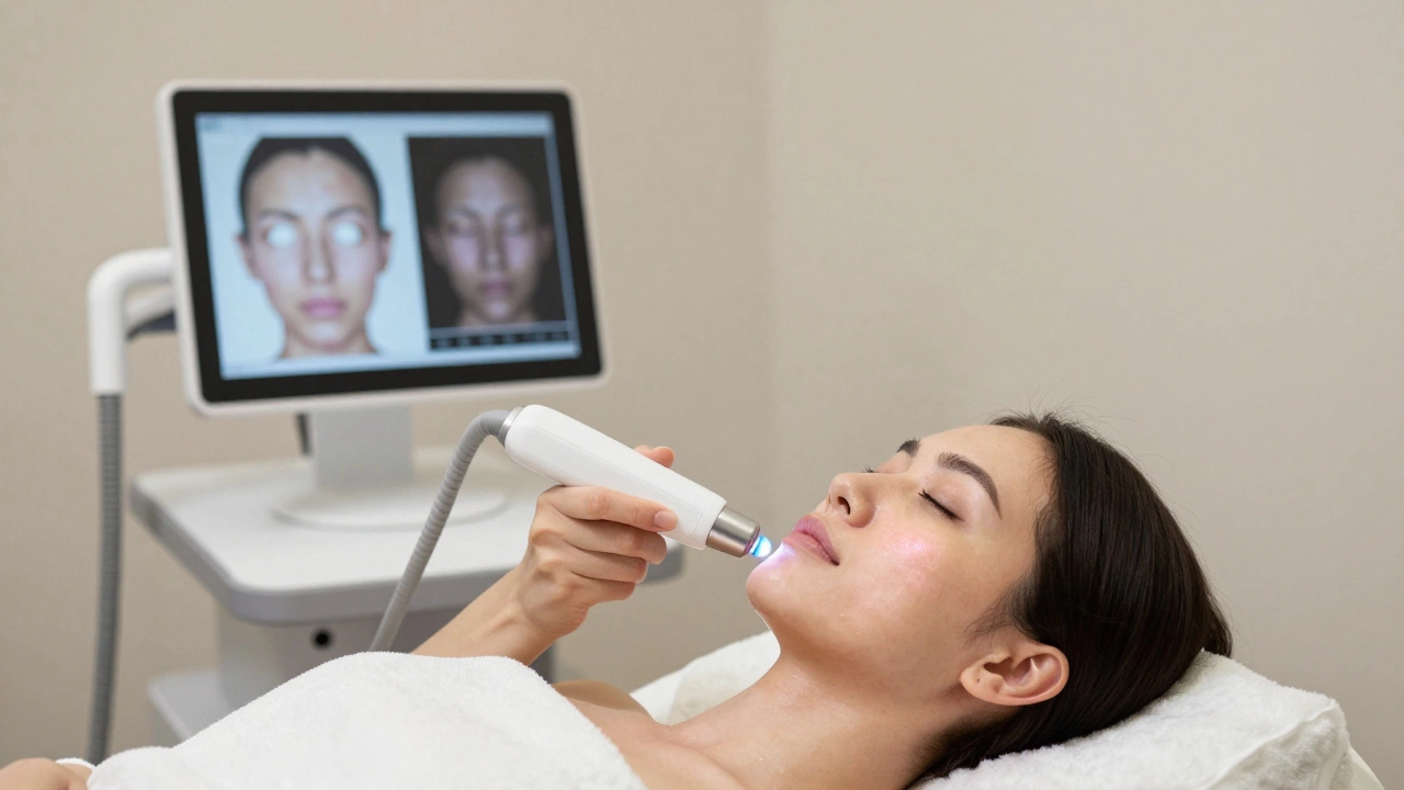 Лазерная процедура омоложения лица с реальным отображением анализа кожи на экране.