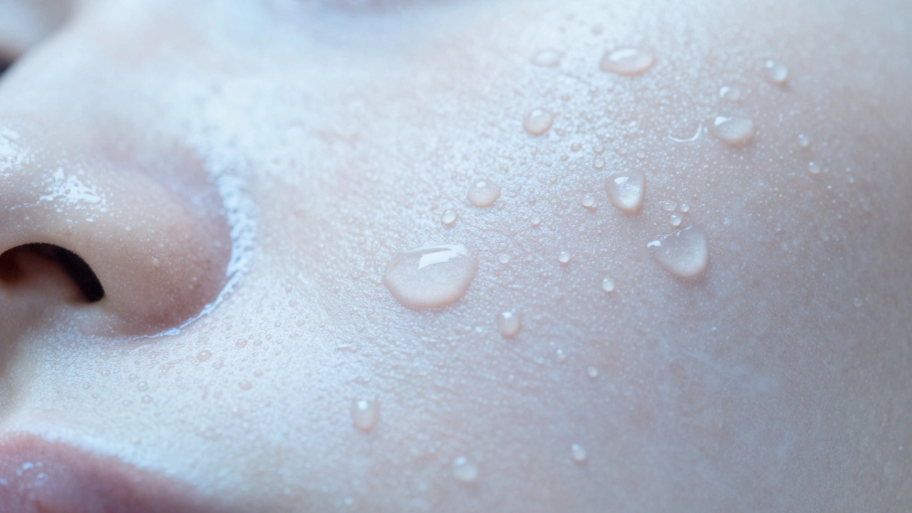 Макроснимок увлажненной кожи с каплями влаги для сияния
