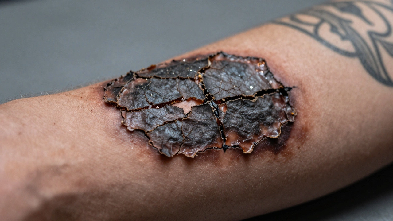 Поврежденная кожа на татуированной руке после неудачной лазерной процедуры.