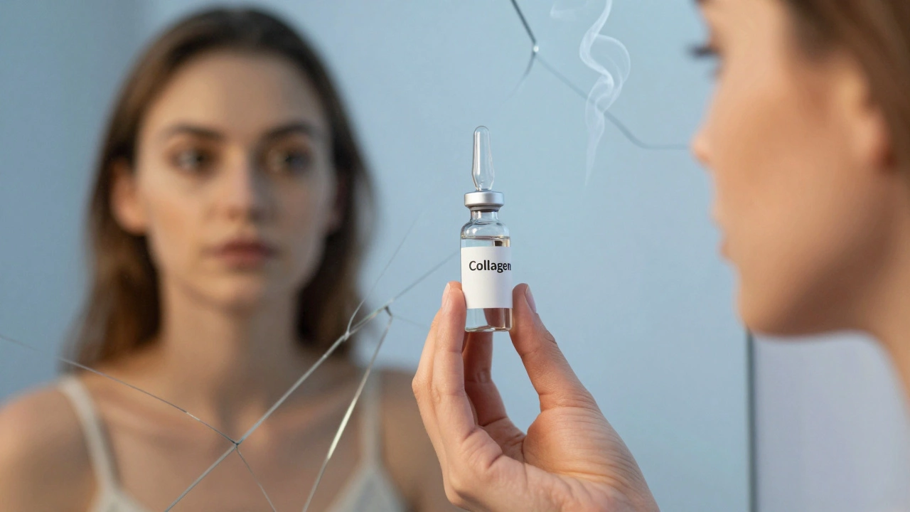 Рука держит флакон коллагена, в зеркале — отражение молодой кожи и теней вредных привычек.