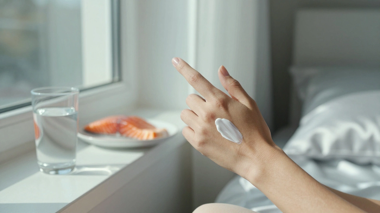 Рука наносит физический солнцезащитный крем с оксидом цинка на лицо, на фоне окна, стакана воды и шелковой подушки.