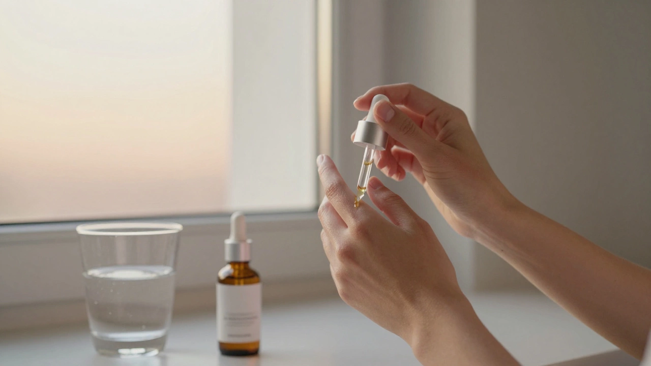 Рука наносит сыворотку с ниацинамидом и ретинолом на чистую кожу утром, рядом стакан воды