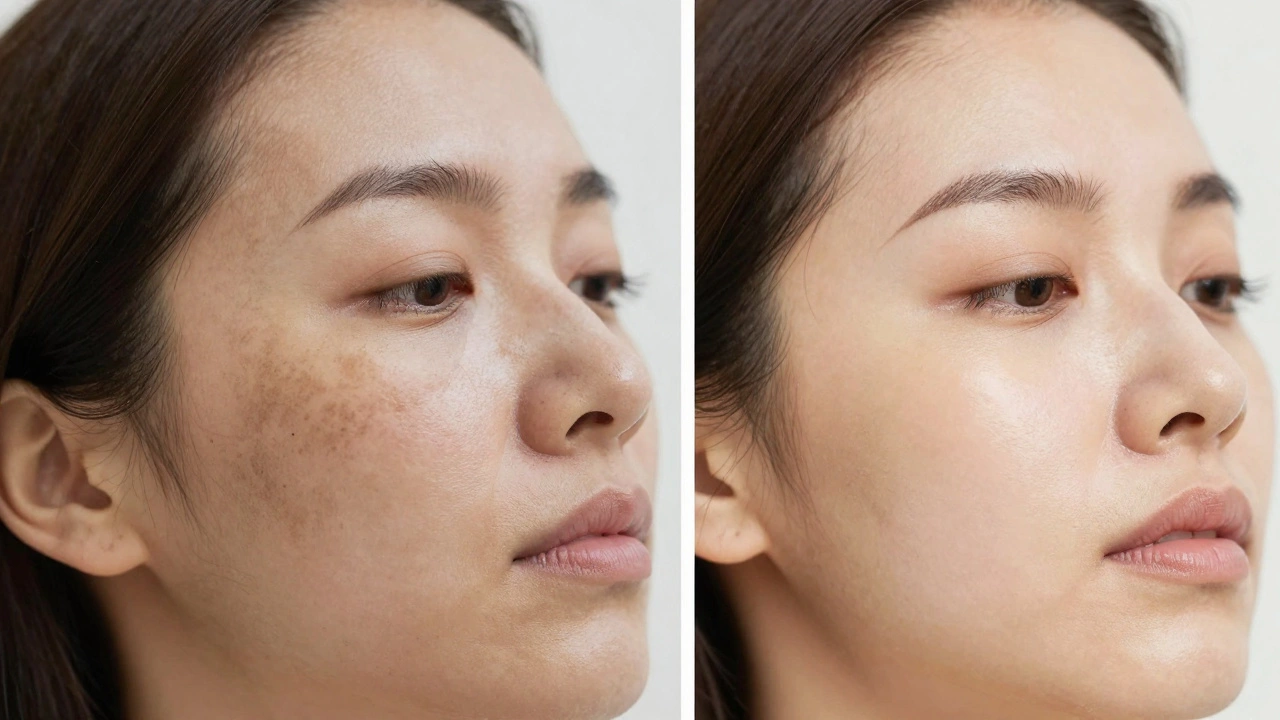 Сравнение состояния кожи до и после лечения: темные корочки на этапе восстановления и светлая, равномерная кожа спустя месяцы ухода.